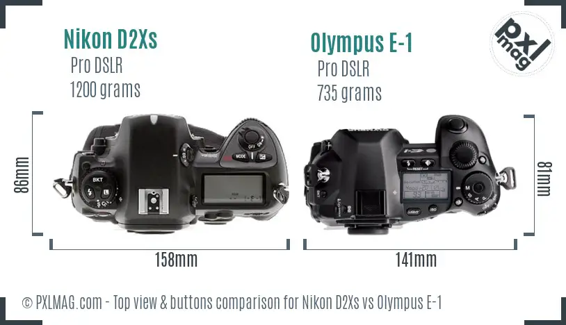 Nikon D2Xs vs Olympus E-1 top view buttons comparison