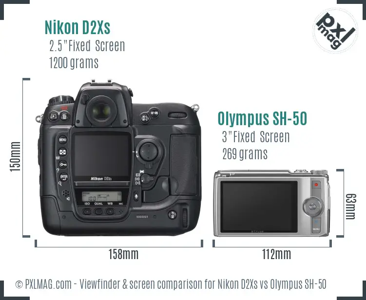 Nikon D2Xs vs Olympus SH-50 Screen and Viewfinder comparison