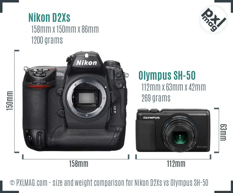 Nikon D2Xs vs Olympus SH-50 size comparison