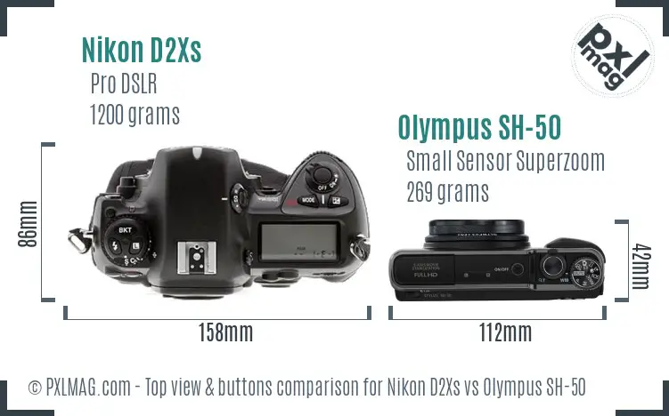 Nikon D2Xs vs Olympus SH-50 top view buttons comparison