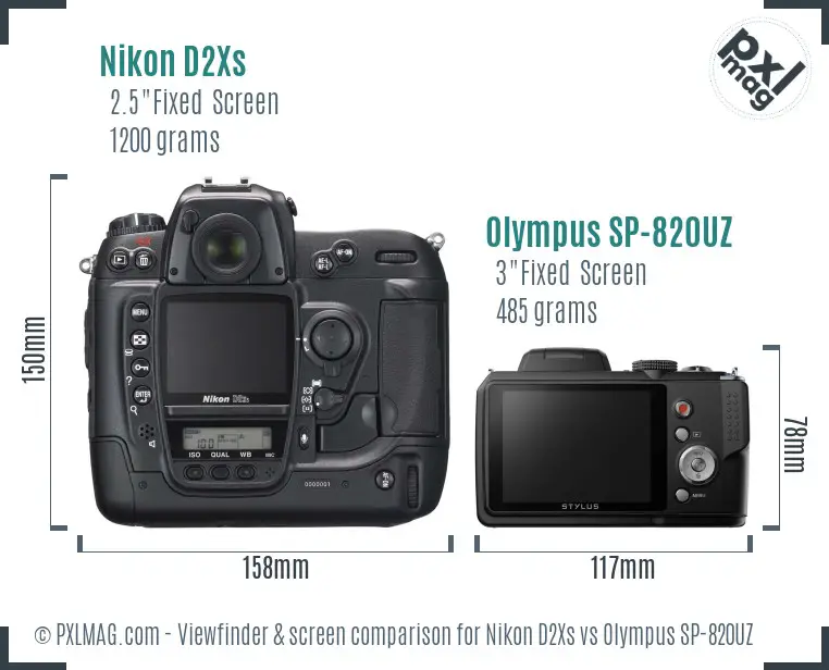 Nikon D2Xs vs Olympus SP-820UZ Screen and Viewfinder comparison