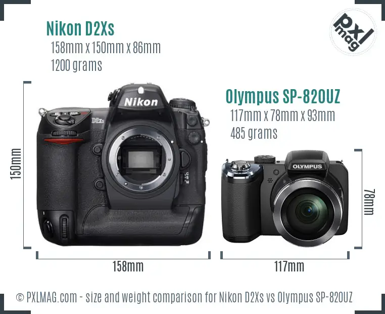 Nikon D2Xs vs Olympus SP-820UZ size comparison