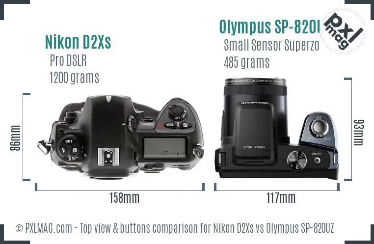 Nikon D2Xs vs Olympus SP-820UZ top view buttons comparison