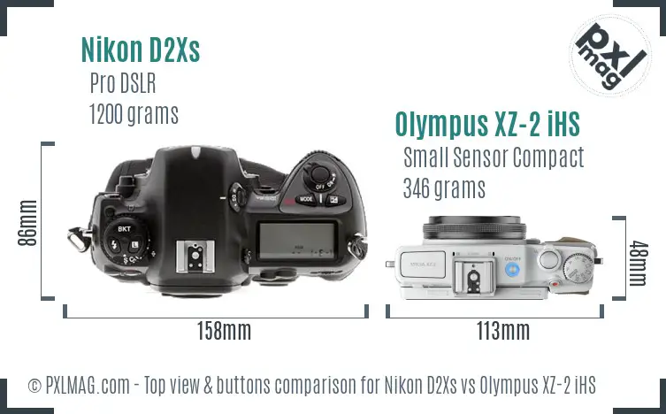 Nikon D2Xs vs Olympus XZ-2 iHS top view buttons comparison
