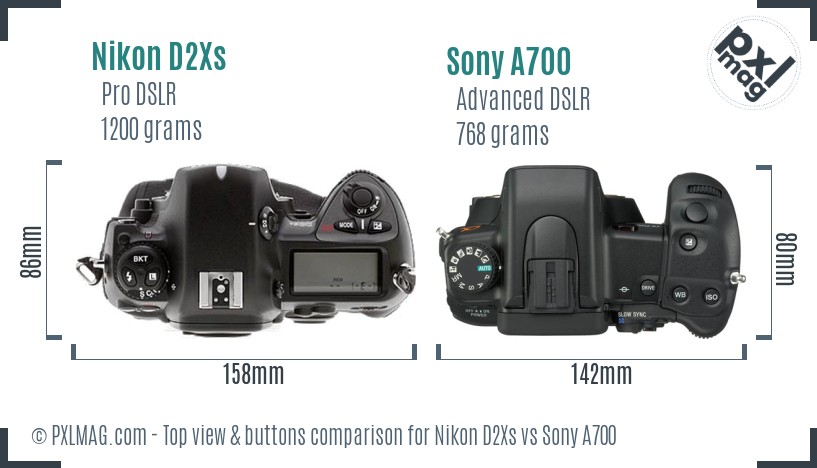 Nikon D2Xs vs Sony A700 top view buttons comparison