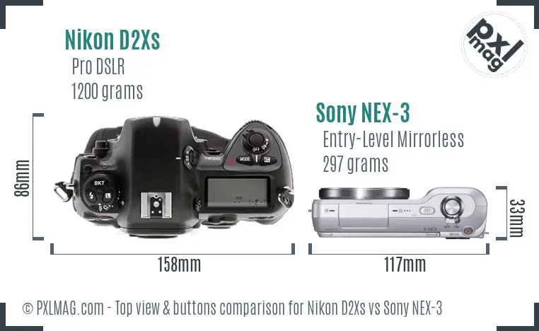 Nikon D2Xs vs Sony NEX-3 top view buttons comparison