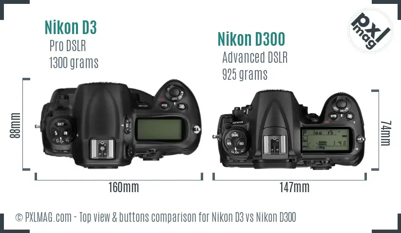 Nikon D3 vs Nikon D300 top view buttons comparison Nikon D3 vs Nikon D300 top view buttons comparison