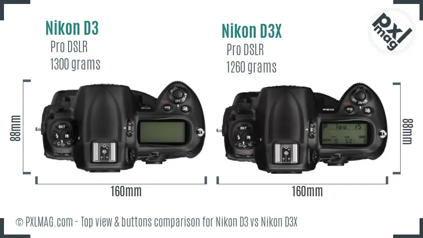 Nikon D3 vs Nikon D3X top view buttons comparison