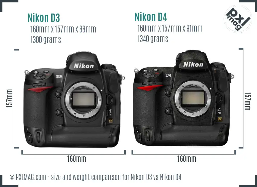 Nikon D3 vs Nikon D4 size comparison