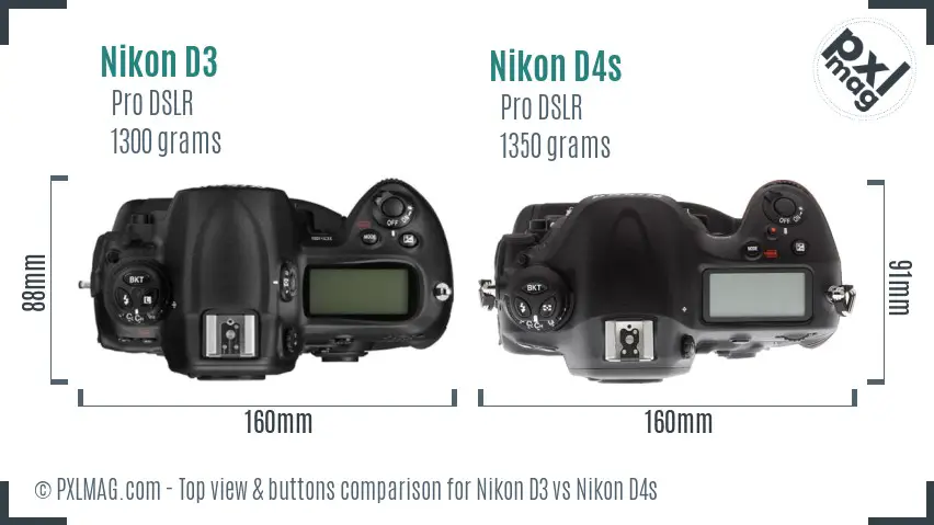 Nikon D3 vs Nikon D4s top view buttons comparison