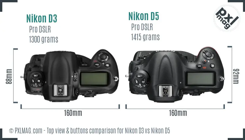 Nikon D3 vs Nikon D5 top view buttons comparison