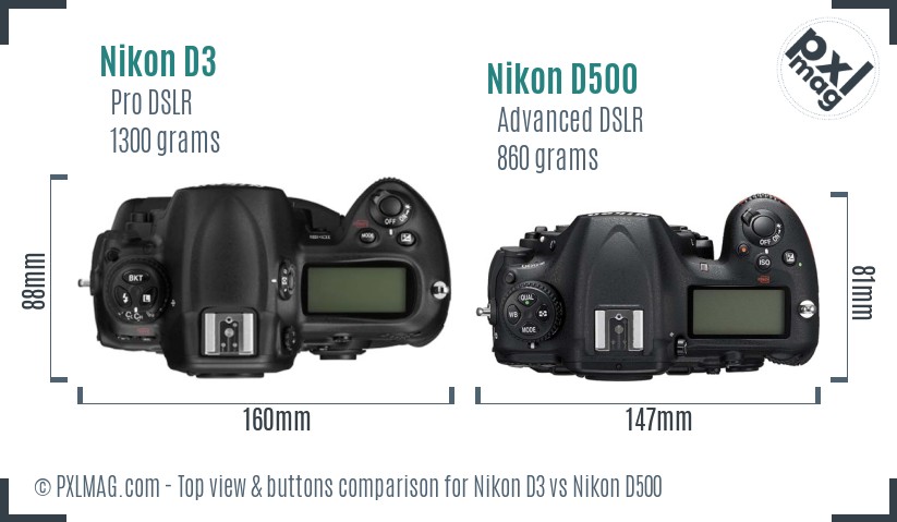 Nikon D3 vs Nikon D500 top view buttons comparison
