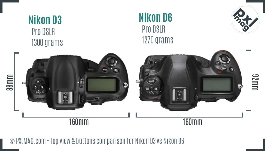 Nikon D3 vs Nikon D6 top view buttons comparison