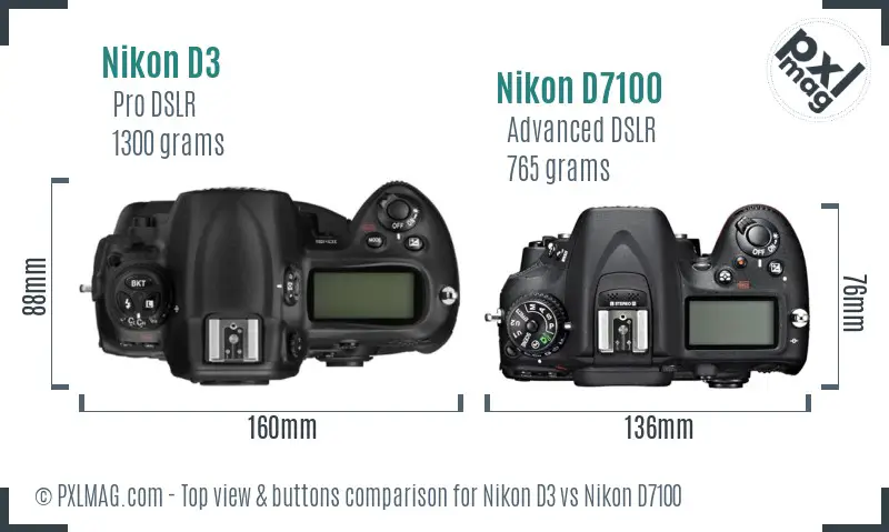 Nikon D3 vs Nikon D7100 top view buttons comparison