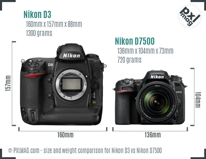 Nikon D3 vs Nikon D7500 size comparison
