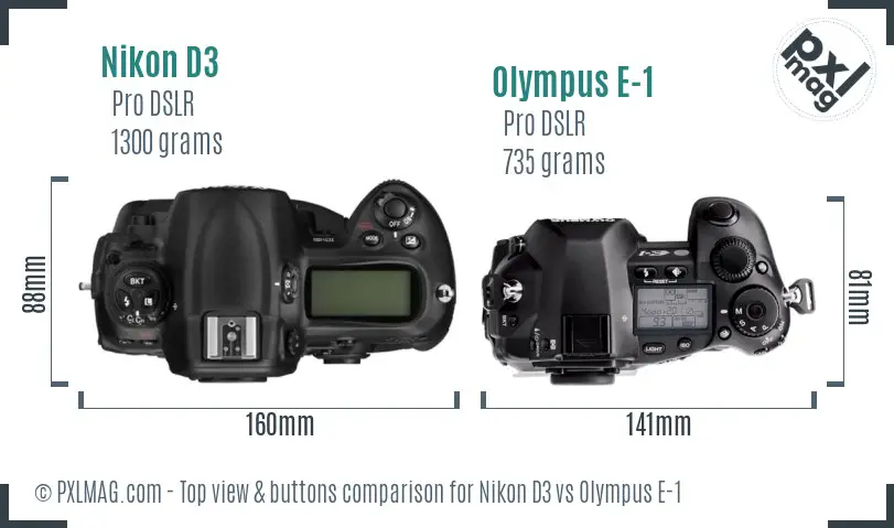 Nikon D3 vs Olympus E-1 top view buttons comparison