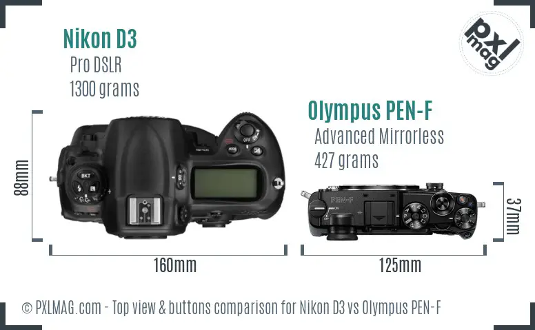 Nikon D3 vs Olympus PEN-F top view buttons comparison Nikon D3 vs Olympus PEN-F top view buttons comparison