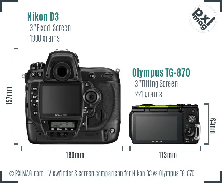 Nikon D3 vs Olympus TG-870 Screen and Viewfinder comparison