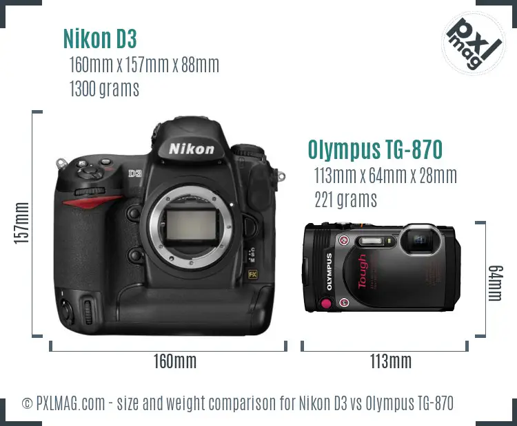 Nikon D3 vs Olympus TG-870 size comparison