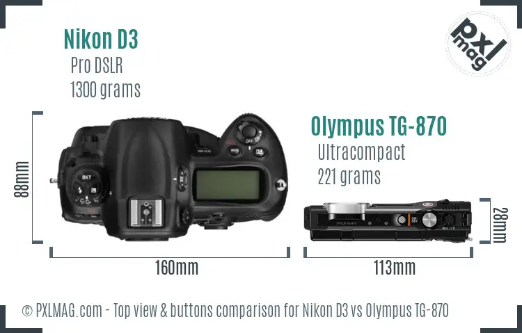 Nikon D3 vs Olympus TG-870 top view buttons comparison