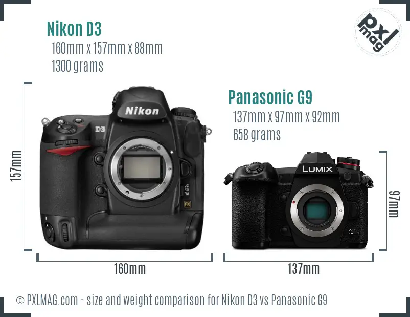 Nikon D3 vs Panasonic G9 size comparison