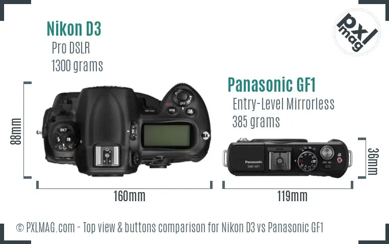 Nikon D3 vs Panasonic GF1 top view buttons comparison
