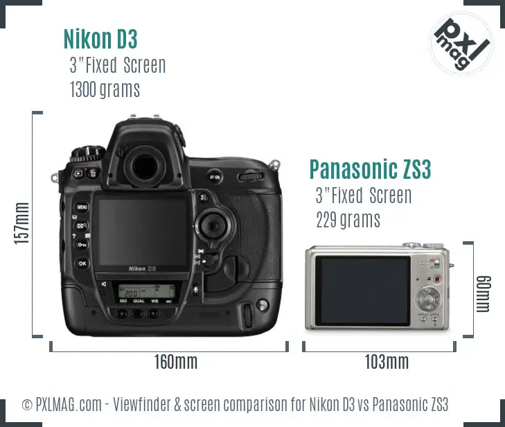 Nikon D3 vs Panasonic ZS3 Screen and Viewfinder comparison