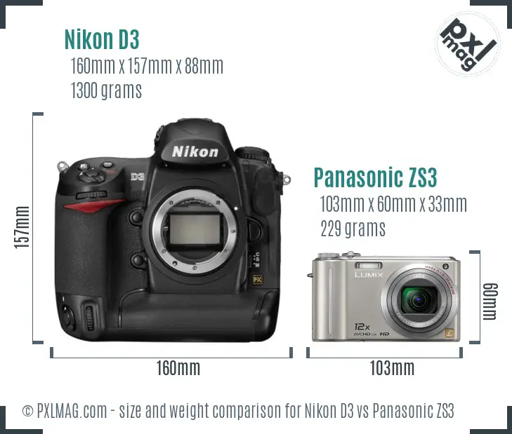 Nikon D3 vs Panasonic ZS3 size comparison