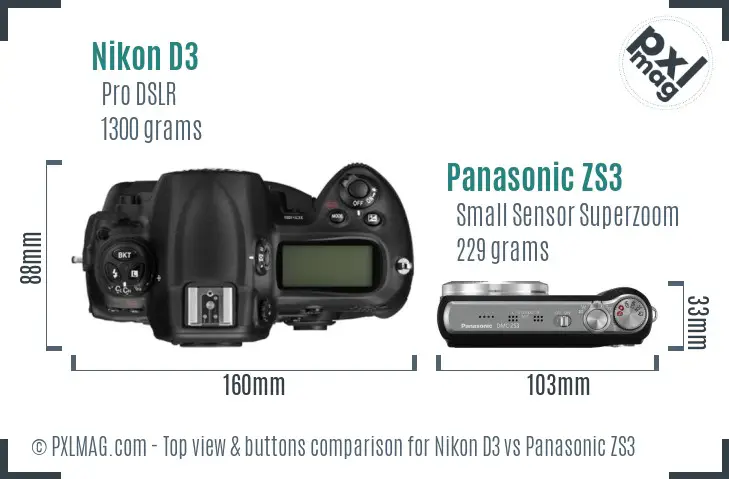 Nikon D3 vs Panasonic ZS3 top view buttons comparison