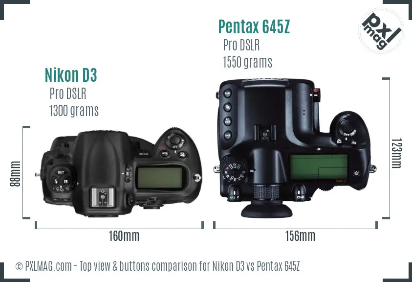 Nikon D3 vs Pentax 645Z top view buttons comparison