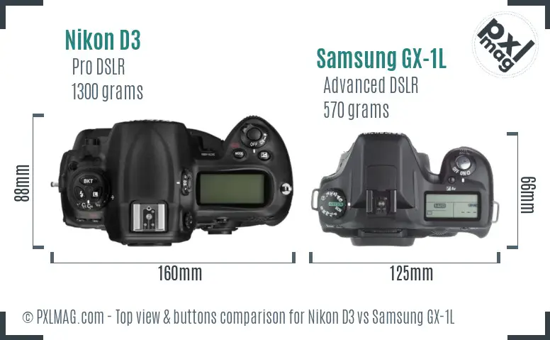 Nikon D3 vs Samsung GX-1L top view buttons comparison