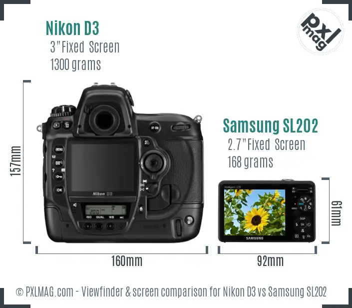 Nikon D3 vs Samsung SL202 Screen and Viewfinder comparison
