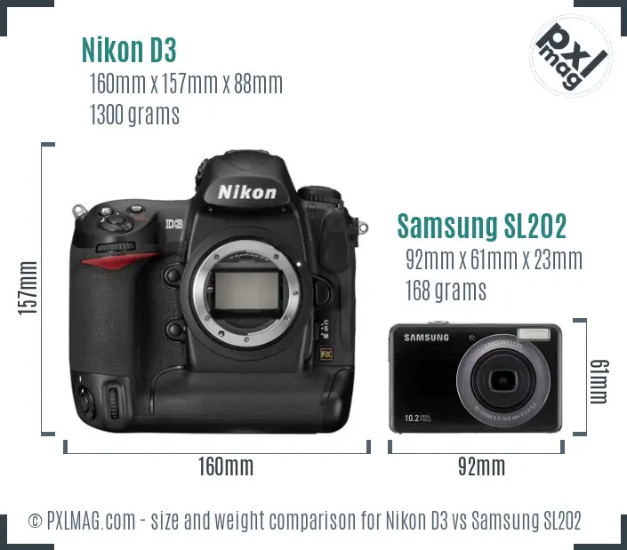 Nikon D3 vs Samsung SL202 size comparison