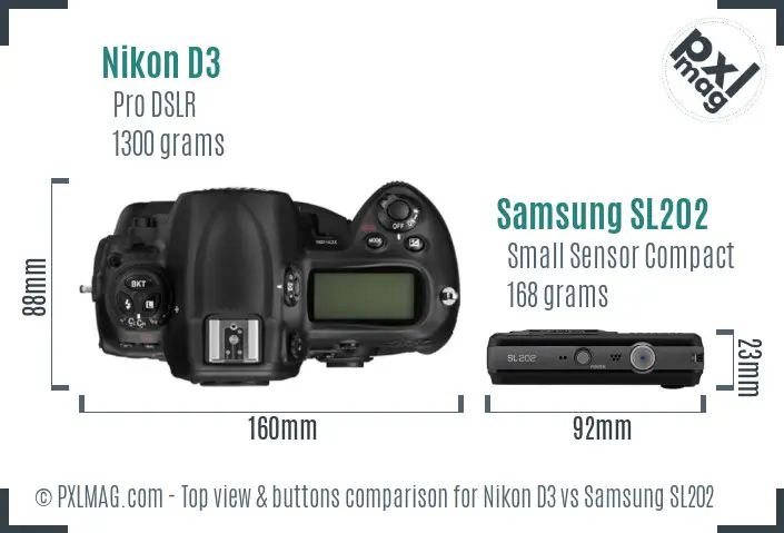 Nikon D3 vs Samsung SL202 top view buttons comparison