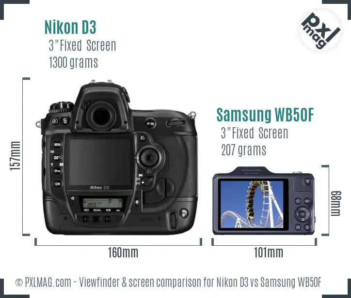 Nikon D3 vs Samsung WB50F Screen and Viewfinder comparison