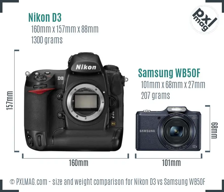 Nikon D3 vs Samsung WB50F size comparison