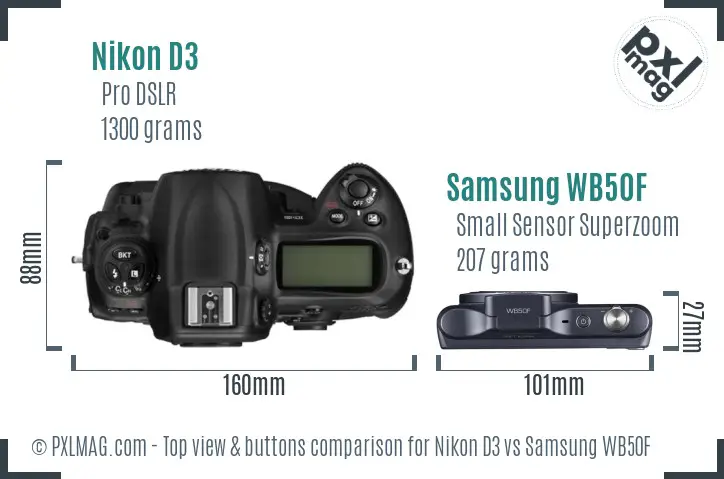 Nikon D3 vs Samsung WB50F top view buttons comparison
