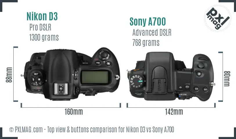 Nikon D3 vs Sony A700 top view buttons comparison