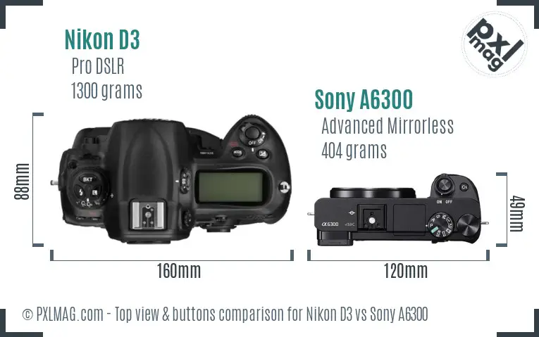 Nikon D3 vs Sony A6300 top view buttons comparison
