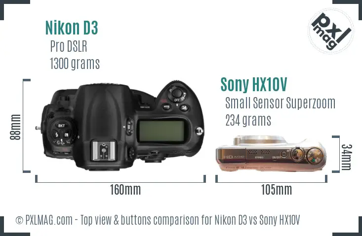 Nikon D3 vs Sony HX10V top view buttons comparison