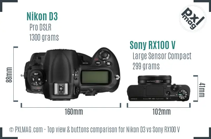 Nikon D3 vs Sony RX100 V top view buttons comparison