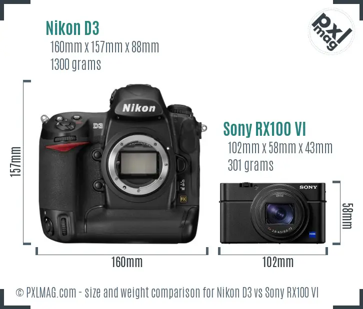Nikon D3 vs Sony RX100 VI size comparison