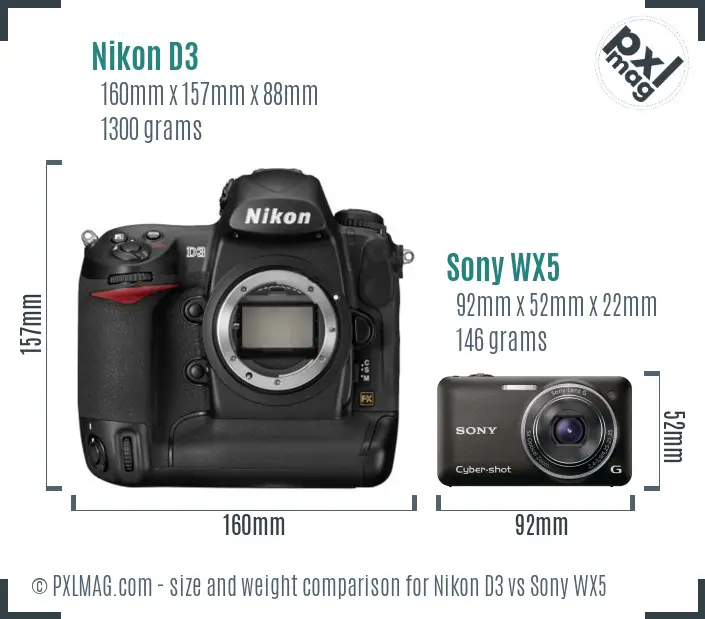 Nikon D3 vs Sony WX5 size comparison