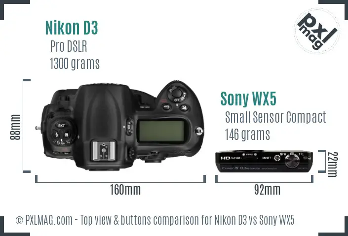 Nikon D3 vs Sony WX5 top view buttons comparison