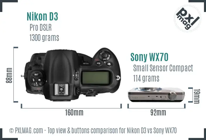 Nikon D3 vs Sony WX70 top view buttons comparison