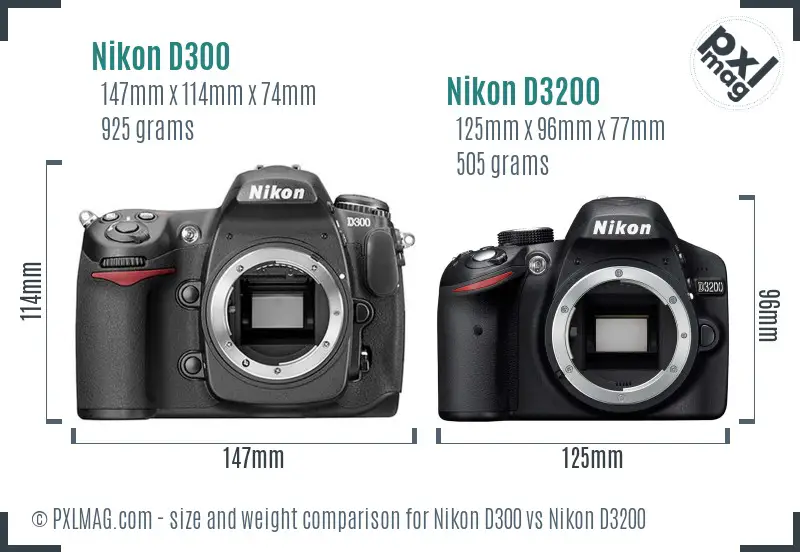 Nikon D300 vs Nikon D3200 size comparison