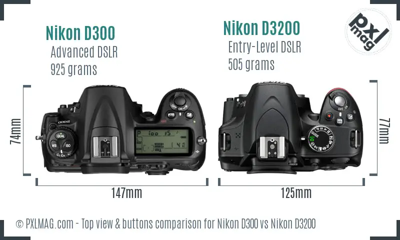 Nikon D300 vs Nikon D3200 top view buttons comparison