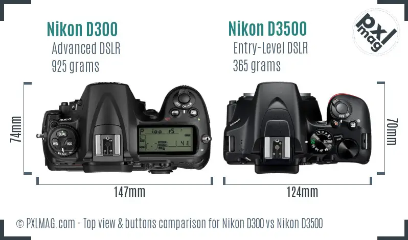 Nikon D300 vs Nikon D3500 top view buttons comparison