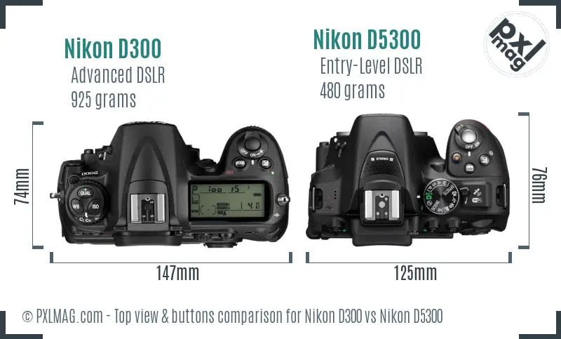 Nikon D300 vs Nikon D5300 top view buttons comparison