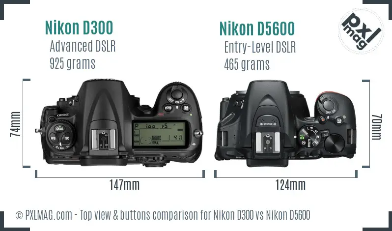 Nikon D300 vs Nikon D5600 top view buttons comparison